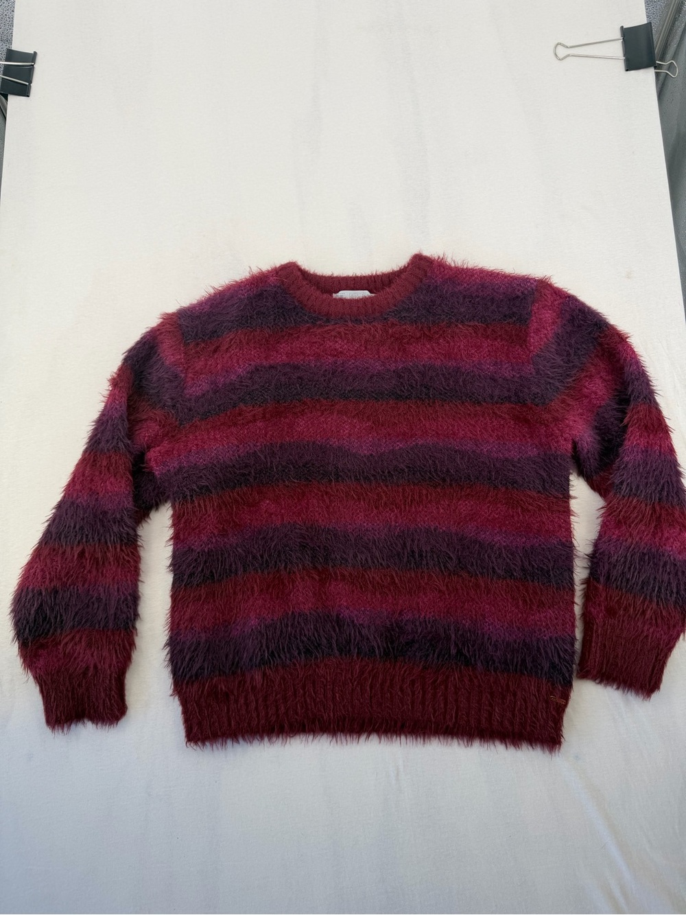 Savage X Fenty Too Plush Fuzzy Striped Crewneck Sweater in Burgundy Purple